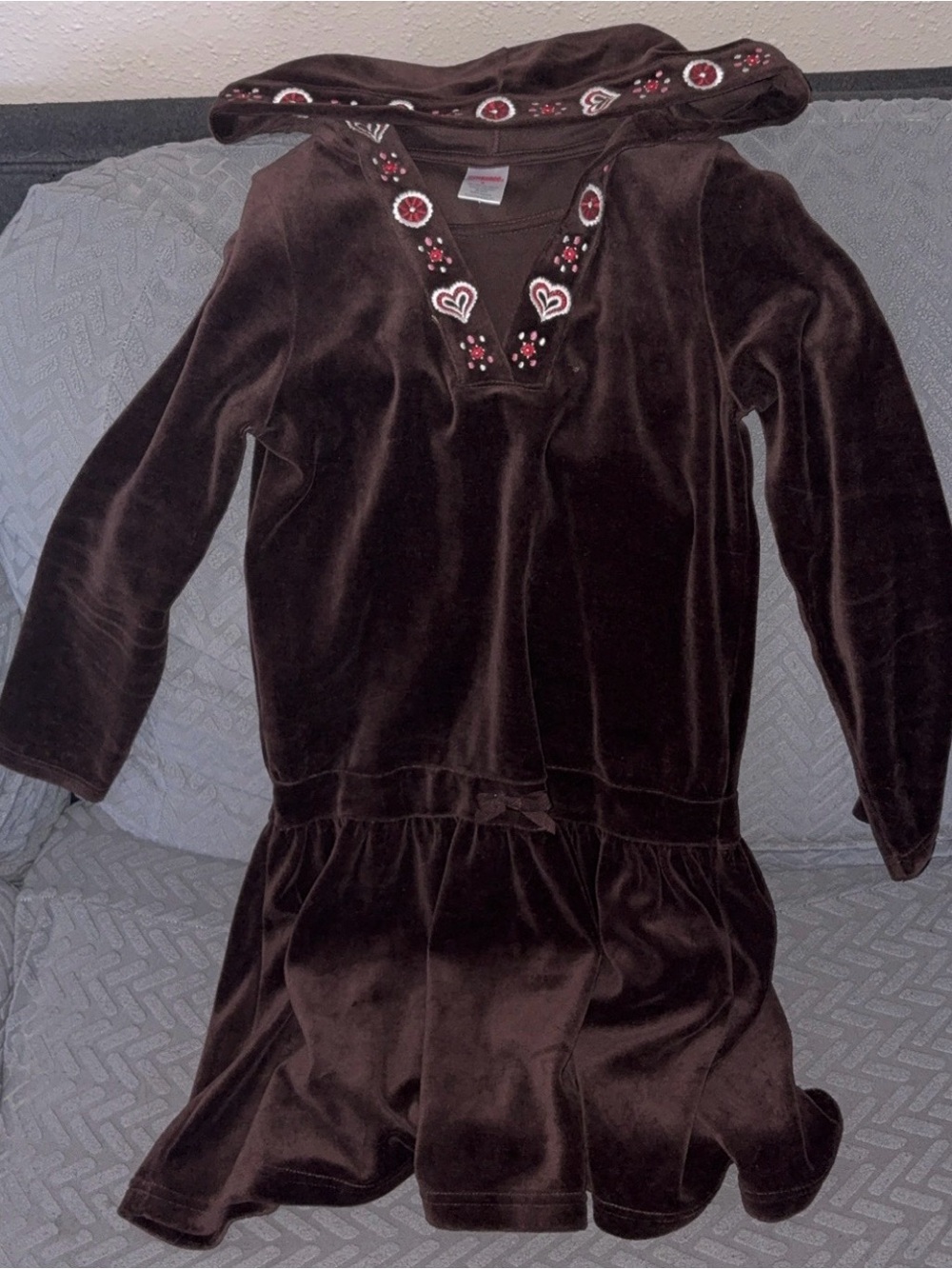 Vintage 2009 Gymboree Girls Size 9 Brown Velour Hooded Dress Embroidered Hearts